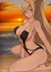 Rule 34 | 1girl, beach, bikini, black bikini, blonde hair, breasts, cleavage, cloud, commentary, dusk, eyes visible through hair, heterochromia, high ponytail, hilda (under night in-birth), large breasts, lipstick, long hair, makeup, ocean, outdoors, purple lips, red eyes, scenery, seiza, sideboob, sitting, sky, solo, sunset, swimsuit, thank you, tusia, under night in-birth, very long hair, water, waves