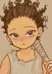 Rule 34 | 1boy, aged down, aota uno, bare shoulders, baseball bat, brown hair, brown theme, child, closed mouth, commentary, curly hair, feitan portor, grey background, hair pulled back, holding, holding baseball bat, hunter x hunter, looking at viewer, male focus, portrait, ringlets, simple background, sleeveless, solo, symbol-only commentary, tank top