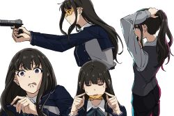 Rule 34 | 1girl, absurdres, black hair, black pants, blue dress, chinese commentary, closed eyes, collared shirt, commentary, cropped torso, dress, fafayu, finger on trigger, grey dress, grey shirt, grey vest, gun, hair tie in mouth, handgun, highres, holding, holding gun, holding weapon, inoue takina, light blush, long hair, long sleeves, looking at viewer, lycoris recoil, lycoris uniform, mouth hold, multiple views, nape, official alternate costume, pants, ponytail, purple eyes, safety glasses, scared, shirt, sidelocks, simple background, sweatdrop, tinted eyewear, two-tone dress, tying hair, upper body, vest, weapon, white background, white shirt, yellow-tinted eyewear