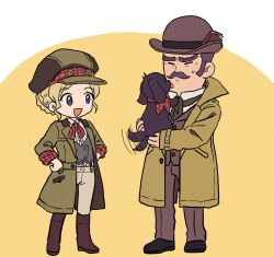 Rule 34 | 1boy, 1girl, :d, ace attorney, animal, blonde hair, blue eyes, boots, brown footwear, cabbie hat, closed eyes, coat, collared shirt, commentary request, dog, facial hair, formal, full body, gina lestrade, green coat, green headwear, grey jacket, grey pants, hands on own hips, hat, highres, holding, holding animal, holding dog, jacket, licking, licking another&#039;s face, long sleeves, looking at another, machi (mimihand), mustache, necktie, old, old man, open clothes, open coat, open mouth, pants, red necktie, shirt, short hair, sideburns, smile, standing, suit, sweatdrop, the great ace attorney, tobias gregson, toby (ace attorney), white shirt