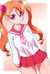 Rule 34 | 10s, 1girl, breasts, drill hair, eyelashes, food-themed hair ornament, gradient background, hair ornament, highres, kirakira precure a la mode, long hair, long sleeves, looking at viewer, medium breasts, microskirt, orange hair, panties, pantyshot, pink background, pink eyes, pink panties, pink sailor collar, pink skirt, pleated skirt, precure, ryuuta (cure ryuuta), sailor collar, school uniform, serafuku, shirt, skirt, smile, solo, strawberry hair ornament, taut clothes, taut shirt, twintails, underwear, usami ichika