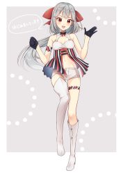 Rule 34 | 1girl, :d, black gloves, boots, border, bow, cleavage cutout, clothing cutout, fang, full body, gloves, grey background, grey hair, grey shorts, grey thighhighs, hair bow, half gloves, hands up, highres, knee boots, konogi nogi, long hair, navel, open mouth, original, outside border, red bow, red eyes, short shorts, shorts, single knee boot, single thigh boot, single thighhigh, smile, solo, standing, standing on one leg, striped, thigh boots, thigh strap, thighhighs, translation request, vertical stripes, virtual youtuber, white border