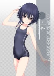 Rule 34 | 1girl, artist name, asymmetrical hair, black hair, black one-piece swimsuit, black school swimsuit, blush, brown eyes, character name, checkered background, clothes writing, collarbone, commentary request, cowboy shot, eyes visible through hair, gradient background, grey background, hair between eyes, highres, i-14 (kancolle), inaba shiki, kantai collection, multicolored clothes, multicolored swimsuit, old school swimsuit, one-hour drawing challenge, one-piece swimsuit, school swimsuit, short hair, simple background, smile, solo, striped clothes, striped one-piece swimsuit, swimsuit, vertical-striped clothes, vertical-striped one-piece swimsuit