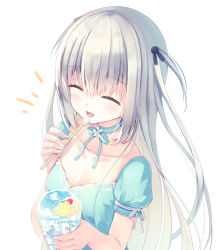Rule 34 | 1girl, :d, ^ ^, blue bow, blue dress, blush, bow, closed eyes, collarbone, cup, disposable cup, dress, drinking straw, facing viewer, flower, food, food in mouth, hair between eyes, hair ornament, highres, holding, holding cup, holding drinking straw, holding spoon, humuyun, long hair, notice lines, open mouth, original, puffy short sleeves, puffy sleeves, rabbit hair ornament, shaved ice, short sleeves, silver hair, simple background, smile, solo, spoon, two side up, very long hair, white background, white flower