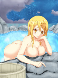 Rule 34 | 1girl, ass, blonde hair, fairy tail, highres, long hair, lucy heartfilia, nude, onsen, planeptune, solo, yellow eyes