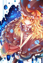 Rule 34 | 1girl, black thighhighs, blonde hair, blush, breasts, broom, broom riding, dutch angle, eyes visible through hair, frilled hat, frilled skirt, frills, hat, hat ribbon, highres, kirisame marisa, long hair, looking at viewer, perspective, ribbon, skirt, smile, solo, thighhighs, touhou, witch hat, wowp, yellow ribbon