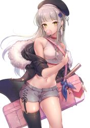Rule 34 | 1girl, alternate costume, bare shoulders, beret, black hat, black jacket, black thighhighs, blowing bubbles, breasts, chewing gum, commentary, crop top, earrings, fur-trimmed hood, fur trim, garter straps, girls&#039; frontline, green eyes, grey shorts, hair ornament, hat, hk416 (girls&#039; frontline), holding strap, hood, hood down, hooded jacket, jacket, jewelry, long hair, looking at viewer, midriff, navel, off shoulder, open clothes, open jacket, ozzingo, shirt, short shorts, shorts, silver hair, simple background, single thighhigh, sleeveless, sleeveless shirt, small breasts, solo, symbol-only commentary, thighhighs, very long hair, white background, white shirt