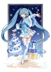 Rule 34 | 1girl, aqua eyes, argyle, bauble, blue necktie, blush, boots, buttons, capelet, christmas ornaments, christmas tree, commentary request, earmuffs, fur trim, garland (decoration), gift, hatsune miku, highres, long hair, long sleeves, necktie, outstretched arms, pleated skirt, skirt, snow, snowflakes, solo, standing, standing on one leg, star (symbol), thigh boots, thighhighs, twintails, urata asao, very long hair, vocaloid, wing collar, yuki miku, zettai ryouiki