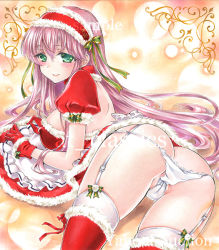 Rule 34 | 1girl, ass, at classics, breasts, butt crack, christmas, garter straps, gloves, green eyes, large breasts, long hair, maid, original, panties, pink hair, smile, solo, thighhighs, underwear, very long hair, white panties
