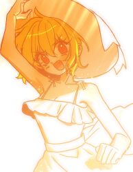 Rule 34 | 1girl, bare arms, blonde hair, breasts, don quixote (project moon), dress, fang, hand on headwear, hat, highres, limbus company, nonggang 1227, open mouth, project moon, short hair, sleeveless, sleeveless dress, small breasts, solo, spaghetti strap, sundress, white dress, yellow eyes