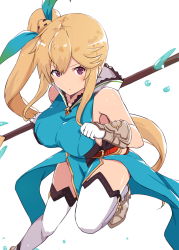 Rule 34 | 1girl, absurdres, bare shoulders, blonde hair, blue dress, breasts, dragalia lost, dress, ekaki kukuma, elisanne, gloves, highres, holding, holding polearm, holding weapon, large breasts, looking at viewer, polearm, red eyes, side ponytail, sideboob, sleeveless, sleeveless dress, solo, thighhighs, water, weapon, white background
