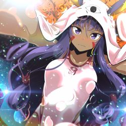 Rule 34 | 1girl, animal ears, breasts, dark-skinned female, dark skin, facial mark, fate/grand order, fate (series), highres, long hair, looking at viewer, medium breasts, nitocris (fate), nitocris (fate/grand order), nitocris (swimsuit assassin) (fate), nitocris (swimsuit assassin) (second ascension) (fate), one-piece swimsuit, purple eyes, purple hair, solo, swimsuit, tanashi (mk2), very long hair