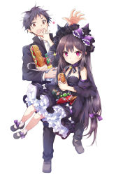 Rule 34 | 1boy, 1girl, :t, anger vein, baguette, bell, black dress, black hair, bonnet, bow, bread, brown eyes, collar, detached sleeves, dress, eating, food, gothic lolita, hair bow, hair ribbon, highres, jacket, lolita fashion, long hair, mary janes, neck bell, nyanya, official art, open mouth, original, outstretched arm, pants, pocky, puffy short sleeves, puffy sleeves, purple eyes, ribbon, shirt, shoes, short sleeves, simple background, sitting, sitting on lap, sitting on person, sparkle, tenkei teki i sekai tensei tan, tenkeiteki isekai tenseitan, tress ribbon, very long hair, white background