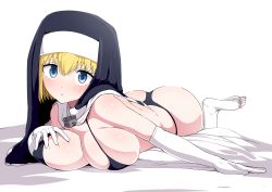 Rule 34 | 1girl, ass, blonde hair, blue eyes, breasts, commentary request, elbow gloves, en&#039;en no shouboutai, gloves, iris (enen no shouboutai), large breasts, looking at viewer, lying, nun, on stomach, simple background, solo, tottotonero, white background, white gloves