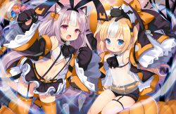 Rule 34 | 2girls, :d, :o, adapted costume, animal, animal ear fluff, animal ears, animal hands, animal on head, arm up, azur lane, bare shoulders, bare tree, bell, belt, belt buckle, black cat, black collar, black footwear, black hairband, black hat, black jacket, black ribbon, black shorts, black skirt, blonde hair, blue eyes, blush, boots, bow, brown hair, buckle, candy, candy wrapper, cat, cat ears, cat girl, cat on head, cat tail, collar, collared shirt, commentary request, cross, food, garter straps, ghost, gloves, hair bow, hair ornament, hair ribbon, hairband, halloween bucket, hat, hat bow, hobby (azur lane), jacket, jingle bell, kalk (azur lane), kemonomimi mode, kurot, latin cross, lollipop, long hair, long sleeves, looking at viewer, midriff, multicolored hair, multiple girls, navel, neck bell, on head, open clothes, open jacket, open mouth, orange belt, orange bow, orange legwear, parted lips, paw gloves, pleated skirt, pumpkin, red eyes, revealing clothes, ribbon, see-through, shirt, short shorts, shorts, sitting, skirt, sleeveless, sleeveless shirt, sleeves past fingers, sleeves past wrists, smile, standing, standing on one leg, streaked hair, tail, thighhighs, tombstone, tree, twintails, twitter username, two side up, very long hair, white hair, white shirt, wide sleeves, witch hat