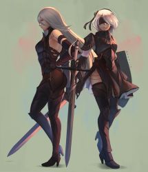 Rule 34 | 2girls, adapted costume, alternate costume, android, arm guards, armlet, armor, armored dress, armpits, ass, back-to-back, bare shoulders, black dress, black footwear, black gloves, black hairband, blindfold, blue eyes, bodysuit, boots, breastplate, chest armor, claymore (sword), commentary, detached sleeves, dress, elbow gloves, from side, full body, gauntlets, gloves, greaves, hairband, hand on own hip, high heel boots, high heels, holding, holding shield, holding sword, holding weapon, joints, knight, koyorin, long hair, looking to the side, medieval, mole, mole under mouth, multiple girls, nier (series), nier:automata, pink lips, profile, robot joints, shield, short hair, side slit, simple background, standing, strap, sword, thigh boots, thighhighs, thighhighs under boots, very long hair, walking, weapon, white hair, 2b (nier:automata), a2 (nier:automata)