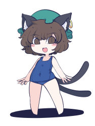 Rule 34 | 1girl, :d, animal ears, brown eyes, brown hair, cat ears, cat tail, chahan (fried rice0614), chen, earrings, hat, highres, jewelry, multiple tails, nekomata, one-piece swimsuit, open mouth, piercing, school swimsuit, single earring, smile, solo, swimsuit, tail, touhou, two tails