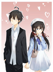 1boy 1girl absurdres ahoge beret black_hair black_suit blue_cardigan blue_eyes blush cardigan closed_mouth collared_shirt dress formal_clothes gradient_background hair_ribbon hat heart hetero highres hikigaya_hachiman holding_hands long_hair orihara_rio pink_background red_ribbon ribbon shirt short_hair suit twintails white_dress white_hair white_shirt yahari_ore_no_seishun_lovecome_wa_machigatteiru. yukinoshita_yukino