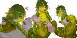 Rule 34 | 1boy, 1girl, breasts, colored skin, disembodied limb, faceless, faceless male, forked tongue, from behind, green hair, green skin, heart, kiss, long tongue, looking back, looking down, lying on person, monster girl, my700, nipples, nude, original, pointy ears, pussy, pussy juice, simple background, small breasts, spread pussy, tail, tongue, twitter username, urethra, white background