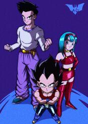 Rule 34 | 1girl, 2boys, aged down, alternate universe, arm warmers, batm andrew, black eyes, black hair, blue eyes, blue footwear, blue gloves, blue hair, boots, bra (dragon ball), commentary, dragon ball, dragon ball gt, earrings, english commentary, father and daughter, gloves, hairband, highres, jewelry, midriff, miniskirt, multiple boys, muscular, muscular male, red hairband, red tank top, skirt, smile, son goten, tank top, thigh boots, thighhighs, vegeta, widow&#039;s peak, zettai ryouiki