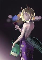 Rule 34 | absurdres, alcohol, backless dress, backless outfit, blonde hair, chinese commentary, commentary request, cup, dragon horns, dragon tail, dress, drinking glass, floral print, highres, holding, holding cup, horns, kaoshuzi, kicchou yachie, looking at viewer, otter spirit (touhou), purple dress, short hair, simple background, smile, tail, touhou, wine, wine glass