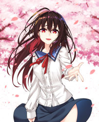 Rule 34 | 1girl, :d, blue skirt, brown hair, center frills, cherry blossoms, collarbone, commentary, frills, hair between eyes, healther, long hair, long sleeves, looking at viewer, multicolored hair, open mouth, original, outstretched hand, petals, red eyes, red hair, red ribbon, ribbon, shirt, skirt, smile, solo, white shirt, wind