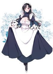 Rule 34 | 1girl, apron, black dress, black hair, black pantyhose, breasts, bright pupils, buttons, cleavage, closed mouth, colored inner hair, double-breasted, dress, highres, juliet sleeves, large breasts, long dress, long hair, long sleeves, looking at viewer, maid, maid headdress, making-of available, multicolored hair, original, pantyhose, pochi (pochi-goya), puffy sleeves, red eyes, shoes, skirt hold, smile, solo, white apron, white footwear, white pupils