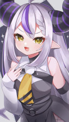 Rule 34 | 1girl, absurdres, bare shoulders, black dress, blush, braid, commentary request, cowboy shot, demon girl, demon horns, detached sleeves, doyagao, dress, fang, hand up, highres, hololive, horns, kerchief, la+ darknesss, long hair, looking at viewer, multicolored hair, pointy ears, purple hair, rqxui, sidelocks, silver hair, smile, smug, solo, sparkle, streaked hair, v-shaped eyebrows, very long hair, virtual youtuber, wing collar, yellow eyes