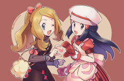 Rule 34 | 2girls, :d, apron, artist name, bag, black hair, bow, brown background, commentary request, creatures (company), dawn (palentine&#039;s 2021) (pokemon), dawn (pokemon), dress, eyelashes, game freak, grey eyes, hair bow, hair ornament, hairclip, handbag, hat, heart, heart hands, heart hands duo, highres, light brown hair, long hair, long sleeves, looking at viewer, mittens, momoji (lobolobo2010), multiple girls, nintendo, official alternate costume, open mouth, pink bow, pokemon, pokemon masters ex, red dress, serena (palentine&#039;s 2021) (pokemon), serena (pokemon), short sleeves, smile, sunglasses, sunglasses removed, tongue, unworn eyewear, white-framed eyewear, white headwear