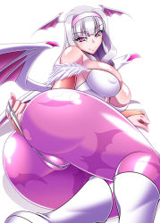 Rule 34 | 1girl, alternate color, animal print, ass, bare shoulders, bat (animal), bat print, bat wings, blush, boots, breasts, bridal gauntlets, cameltoe, cleavage, clothing cutout, cosplay, covered erect nipples, demon girl, demon wings, hairband, hamon ai, head wings, heart, heart cutout, huge ass, idolmaster, idolmaster (classic), large breasts, leotard, long hair, looking at viewer, lying, medium breasts, morrigan aensland (cosplay), naughty face, on side, pantyhose, pink eyes, pink hairband, print pantyhose, purple eyes, purple pantyhose, shijou takane, silver hair, simple background, smile, solo, vampire (game), white background, wings