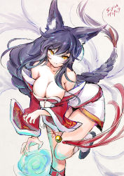 Rule 34 | 1girl, absurdly long hair, ahri (league of legends), animal ears, artist name, bare shoulders, black hair, braid, breasts, cleavage, dated, fox ears, korean clothes, large breasts, league of legends, leg up, long hair, multiple tails, s-yin, sketch, solo, tail, very long hair, wide sleeves, yellow eyes