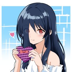 Rule 34 | 1girl, azumawari (azumofu), bare shoulders, black hair, blue background, blush, box, brown eyes, closed mouth, collarbone, commentary request, dress, eyes visible through hair, gift, gift box, hair over one eye, hands up, heart, heart-shaped box, holding, holding gift, long hair, looking at viewer, off shoulder, smile, solo, the ring, valentine, white dress, yamamura sadako