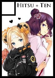 Rule 34 | 2girls, abigail williams (fate), abigail williams (traveling outfit) (fate), bad id, bad twitter id, black bow, black jacket, blonde hair, blue eyes, blush, bow, circle cut, closed mouth, commentary request, crossed bandaids, double bun, fate/grand order, fate (series), hair bow, hair bun, hands up, head tilt, heart, hitsukuya, hood, hood down, hoodie, jacket, katsushika hokusai (fate), katsushika hokusai (traveling outfit) (fate), long hair, long sleeves, looking at viewer, multiple girls, hugging object, official alternate costume, orange bow, parted bangs, purple eyes, purple hair, side bun, single hair bun, single side bun, sleeves past fingers, sleeves past wrists, stuffed animal, stuffed toy, teddy bear, white hoodie