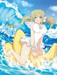 Rule 34 | 1girl, :o, afloat, banana boat, bandaid, bandaid on head, bare legs, blonde hair, blue bow, blue sky, blush, bow, breasts, chest bow, cleavage, cloud, covered navel, crown, day, dolphin, excessive sparkle, fang, groin, hair between eyes, hair bow, highres, inflatable raft, kafuru (senran kagura), large breasts, looking at viewer, low twintails, luka (senran kagura), mini crown, ocean, official art, one-piece swimsuit, open mouth, outdoors, purple eyes, riding, senran kagura, senran kagura estival versus, senran kagura new wave, shiny skin, sky, solo, sparkle, swimsuit, swimsuit skirt, tidal wave, twintails, water, water drop, waves, wet, white bow, white one-piece swimsuit, yaegashi nan