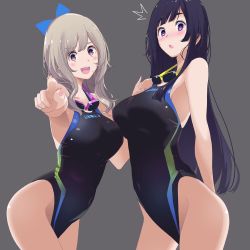Rule 34 | ^^^, 2girls, black hair, black one-piece swimsuit, blue bow, blush, bow, brown eyes, cowboy shot, goggles, goggles around neck, grey background, hair bow, highleg, highleg swimsuit, long hair, looking at viewer, mikoto akemi, multiple girls, one-piece swimsuit, original, pointing, purple eyes, silver hair, simple background, standing, swimsuit
