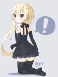 Rule 34 | !, 1girl, black dress, black footwear, black gloves, black ribbon, black thighhighs, blonde hair, blue eyes, blush, boots, closed mouth, dress, elbow gloves, from behind, full body, gloves, grey background, hair between eyes, high heels, kneeling, long hair, looking at viewer, looking back, original, ribbon, short dress, signature, simple background, solo, spoken exclamation mark, strapless, strapless dress, thigh boots, thighhighs, tia-chan, uchuuneko, very long hair