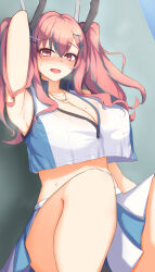 Rule 34 | 1girl, absurdres, arm up, armpits, azur lane, bare shoulders, blush, breasts, bremerton (azur lane), bremerton (scorching-hot training) (azur lane), cleavage, collarbone, collared shirt, commentary, crop top, crop top overhang, crossed bangs, green skirt, grey hair, hair between eyes, hair intakes, hair ornament, hairclip, hazuki tsubatsuna, heart, heart necklace, highres, jewelry, large breasts, long hair, looking at viewer, midriff, multicolored hair, necklace, no mole, nose blush, official alternate costume, open mouth, pink eyes, pink hair, pleated skirt, shirt, sidelocks, skirt, sleeveless, sleeveless shirt, solo, sportswear, squatting, steam, streaked hair, sweat, tennis uniform, twintails, two-tone hair, two-tone shirt, two-tone skirt, white shirt, white skirt, x hair ornament