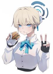 Rule 34 | 1girl, absurdres, black gloves, blonde hair, blue archive, blue bow, blue bowtie, blue eyes, bow, bowtie, braid, bun cover, burger, chewing, closed mouth, collared shirt, cropped torso, earpiece, eating, fingerless gloves, food, food on face, gloves, halo, highres, holding, holding food, if f, looking at viewer, shirt, short hair, simple background, solo, toki (blue archive), upper body, v, wavy mouth, white background, white shirt
