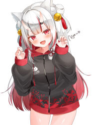 Rule 34 | 1girl, absurdres, animal ears, bell, blush, cat ears, double bun, extra ears, fang, gradient hair, grey hair, hair bell, hair between horns, hair bun, hair ornament, highres, hololive, hood, hood down, hooded jacket, horns, jacket, jingle bell, long hair, looking at viewer, multicolored hair, nakiri ayame, ohagetty, open mouth, paw pose, red eyes, red hair, skin-covered horns, skin fang, solo, streaked hair, virtual youtuber, white background, zipper pull tab