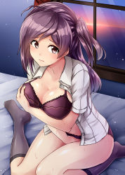 Rule 34 | 10s, 1girl, bed, bed sheet, bedroom, blouse, bra, breast hold, breasts, cleavage, full body, grey socks, hagikaze (kancolle), hand in panties, highres, indoors, kamelie, kantai collection, kneehighs, large breasts, long hair, looking at viewer, midriff, navel, night, on bed, one side up, open clothes, open shirt, panties, purple bra, purple eyes, purple hair, purple panties, shirt, short sleeves, side ponytail, sitting, socks, solo, sweat, swept bangs, underwear, wariza, white shirt, window