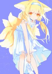 Rule 34 | 1girl, absurdres, alternate costume, alternate hairstyle, animal ears, arknights, blonde hair, blue hairband, closed mouth, collarbone, dress, ears down, feet out of frame, fox ears, fox girl, hair over shoulder, hair ribbon, hairband, high-low skirt, highres, holding, holding clothes, holding footwear, kitsune, kyuubi, leaning forward, light blush, light particles, long hair, looking at viewer, low twintails, material growth, multiple tails, orange eyes, oripathy lesion (arknights), purple background, ribbon, simple background, sleeveless, sleeveless dress, solo, spaghetti strap, standing, sundress, suzuiro (chocolatte), suzuran (arknights), tail, twintails, white ribbon