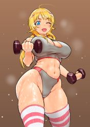 Rule 34 | 1girl, blonde hair, blue eyes, blush, breasts, cleavage, curvy, dokiyuri, dumbbell, exercising, hachimiya meguru, highleg, highres, idolmaster, idolmaster shiny colors, large breasts, long hair, navel, one eye closed, solo, striped clothes, striped thighhighs, sweat, thighhighs, weightlifting, wide hips