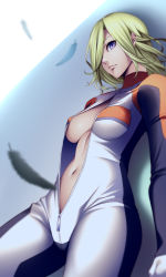 Rule 34 | 1girl, absurdres, biker clothes, bikesuit, blonde hair, blurry, bodysuit, breasts, center opening, cleavage, cowboy shot, depth of field, durarara!!, covered erect nipples, feathers, from below, full-length zipper, hair over one eye, highres, leaning back, long hair, long sleeves, navel, purple eyes, shade, shadow, solo, stomach, underboob, unzipped, vorona, watanuki kaname, zipper