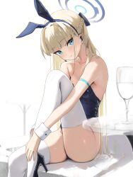 Rule 34 | 1girl, absurdres, animal ears, arm strap, bare shoulders, blonde hair, blue archive, blue eyes, blue leotard, braid, breasts, commentary, cup, detached collar, drinking glass, fake animal ears, halo, hidulume, high heels, highres, knee up, leotard, long hair, looking at viewer, medium breasts, multicolored hair, official alternate costume, playboy bunny, rabbit ears, solo, strapless, strapless leotard, streaked hair, thighhighs, thighs, toki (blue archive), toki (bunny) (blue archive), very long hair, white thighhighs, wine glass, wrist cuffs