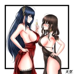 Rule 34 | 2girls, ahoge, alcohol, alternate costume, alternate hairstyle, ass, azur lane, backless dress, backless outfit, bad id, bad pixiv id, bare shoulders, black dress, black hair, blunt bangs, blush, breast contest, breast press, breasts, brown hair, champagne, champagne flute, choker, closed mouth, cocktail dress, cup, curly hair, dress, drinking glass, dsr-50 (girls&#039; frontline), dsr-50 (highest bid) (girls&#039; frontline), earrings, girls&#039; frontline, groin, hair between eyes, hair ornament, hand on own hip, highres, holding another&#039;s arm, jewelry, lace, lace-trimmed legwear, lace trim, large breasts, long hair, looking at another, multiple girls, no bra, no panties, official alternate costume, outside border, red dress, red eyes, sideboob, sidelocks, skindentation, smile, symmetrical docking, taihou (azur lane), taihou (forbidden feast) (azur lane), tearing up, thighhighs, thighs, tiankong, trait connection, trembling, very long hair