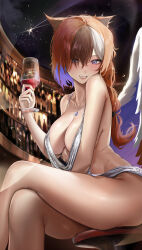 Rule 34 | 1girl, absurdres, backless dress, backless outfit, black hair, braid, breasts, brown hair, cleavage, collarbone, commission, cosplay, crossed legs, cup, dress, drinking glass, evening gown, feathered wings, hair over one eye, highres, holding, holding cup, large breasts, looking at viewer, mookie (e mook9), multicolored hair, no bra, original, pixiv commission, purple eyes, purple hair, purple wings, silver dress, single braid, sitting, sleeveless, sleeveless dress, smile, st. louis (azur lane), st. louis (azur lane) (cosplay), streaked hair, thighs, two-tone wings, white hair, white wings, wings