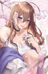Rule 34 | 1girl, ahoge, bare shoulders, black choker, blue eyes, blue nails, blush, breasts, brown hair, cherry blossoms, choker, cleavage, closed mouth, collarbone, crescent, crescent earrings, earrings, expulse, flower, frilled shirt, frills, hair between eyes, hair flower, hair ornament, jewelry, knee up, long hair, long sleeves, looking at viewer, medium breasts, mouth hold, nail polish, off shoulder, original, outdoors, petals, ring, shirt, sitting, smile, solo, white shirt