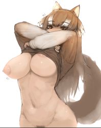 Rule 34 | 1girl, alternate breast size, animal ears, arms up, bottomless, breasts, brown hair, brown pubic hair, clothes lift, covered erect nipples, covered mouth, female pubic hair, groin, highres, japanese wolf (kemono friends), kemono friends, large breasts, lifted by self, long hair, long sleeves, looking at viewer, multicolored hair, navel, nipples, no bra, orange eyes, out-of-frame censoring, pubic hair, shibori kasu, shiny skin, shirt, shirt lift, simple background, sketch, solo, stomach, tail, two-tone hair, unaligned breasts, undressing, upper body, very long hair, white background, white hair, wolf ears, wolf girl, wolf tail