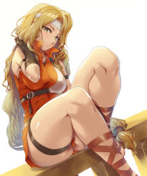 Rule 34 | 1girl, armor, ass, bare shoulders, belt, blonde hair, blush, breasts, brigid (fire emblem), brown gloves, commission, dress, fingerless gloves, fire emblem, fire emblem: genealogy of the holy war, gladiator sandals, gloves, green eyes, hand in own hair, headband, hip focus, long hair, looking at viewer, nintendo, pixiv commission, ponytail, sajittari, sandals, short dress, signature, simple background, sitting, sleeveless, sleeveless dress, solo, thick thighs, thigh strap, thighs, very long hair, white background, white headband