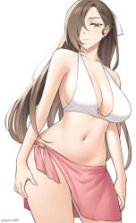 Rule 34 | 1girl, aemu, aemu (august life), alternate costume, bare shoulders, bikini, breasts, brown eyes, brown hair, cleavage, commission, cowboy shot, expressionless, fire emblem, fire emblem fates, hair over one eye, kagero (fire emblem), large breasts, long hair, looking at viewer, navel, nintendo, pink sarong, sarong, side-tie skirt, solo, swimsuit, white bikini